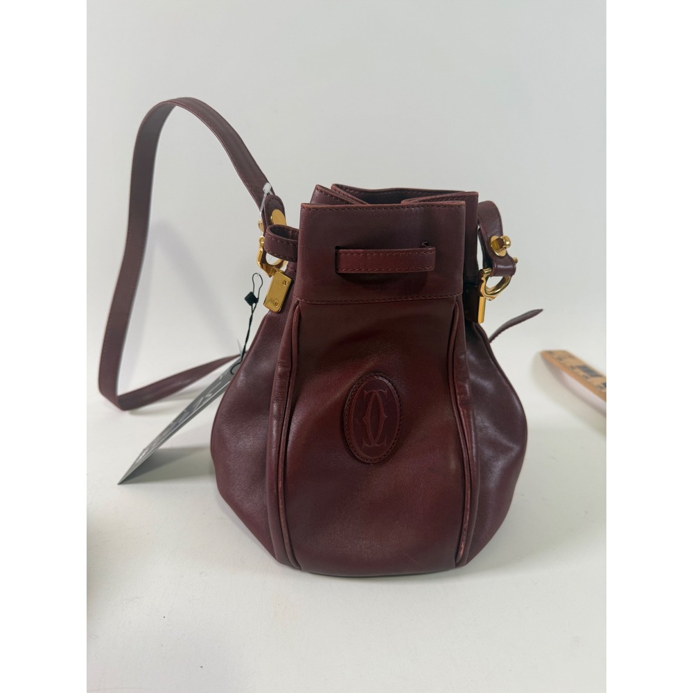 Vintage Must de Cartier Bucket Bag Leather Crossbody Gold HW Bordeaux Dust Cover - Picture 5 of 14